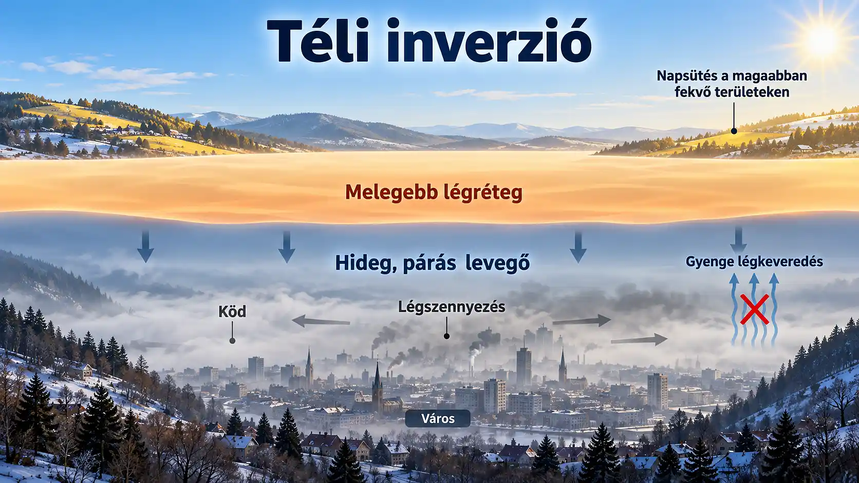 T&eacute;li inverzi&oacute; kialakul&aacute;sa: a hideg, p&aacute;r&aacute;s levegő, a k&ouml;d &eacute;s a l&eacute;gszennyez&eacute;s megreked a v&aacute;ros felett a melegebb l&eacute;gr&eacute;teg alatt.