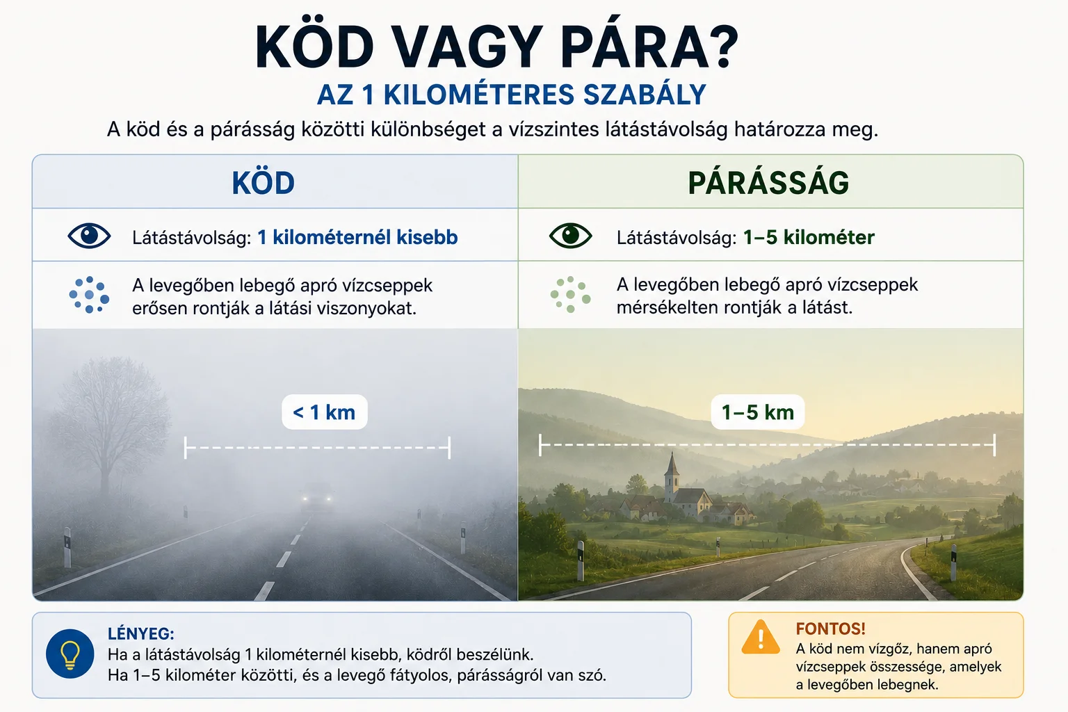 Infografika a köd és a párásság közötti különbségről. Bemutatja az 1 kilométeres szabályt, a látástávolság szerepét és azt, hogy a ködöt apró vízcseppek alkotják. Köd és párásság közötti különbség infografikán: köd 1 kilométer alatti, párásság 1–5 kilométeres látástávolságnál