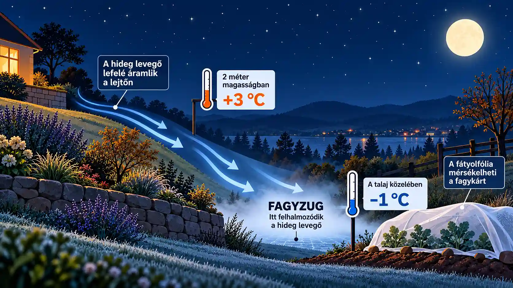 Infografika a fagyzug kialakulásáról, a talaj menti lehűlésről és arról, hogyan mérsékelheti a fátyolfólia a fagykárt. Fagyzug kialakulása: a hideg levegő lefolyik a lejtőn, és a talaj közelében fagypont alatti hőmérséklet alakulhat ki