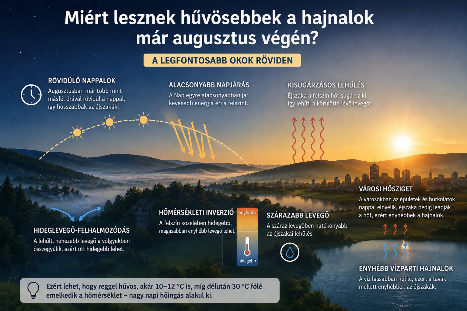 Infografika a hűvösebb augusztus végi hajnalok okairól: rövidülő nappalok, alacsonyabb napjárás, kisugárzásos lehűlés, hőmérsékleti inverzió, hideglevegő-felhalmozódás, városi hősziget és enyhébb vízparti hajnalok. Infografika arról, miért lesznek hűvösebbek a hajnalok augusztus végén