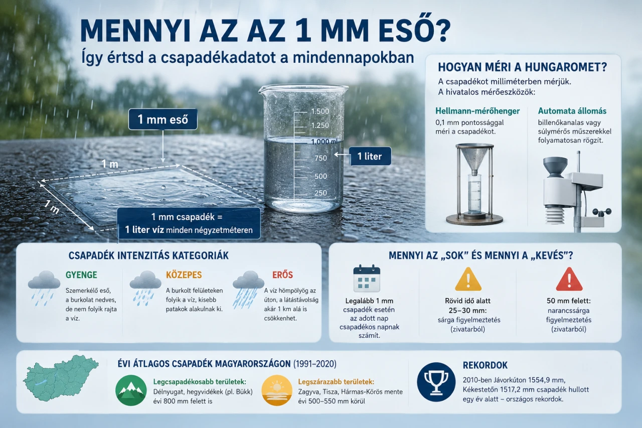 Infografika arr&oacute;l, hogy 1 mm eső n&eacute;gyzetm&eacute;terenk&eacute;nt 1 liter vizet jelent, valamint a csapad&eacute;km&eacute;r&eacute;s &eacute;s az intenzit&aacute;s főbb tudnival&oacute;ir&oacute;l.
