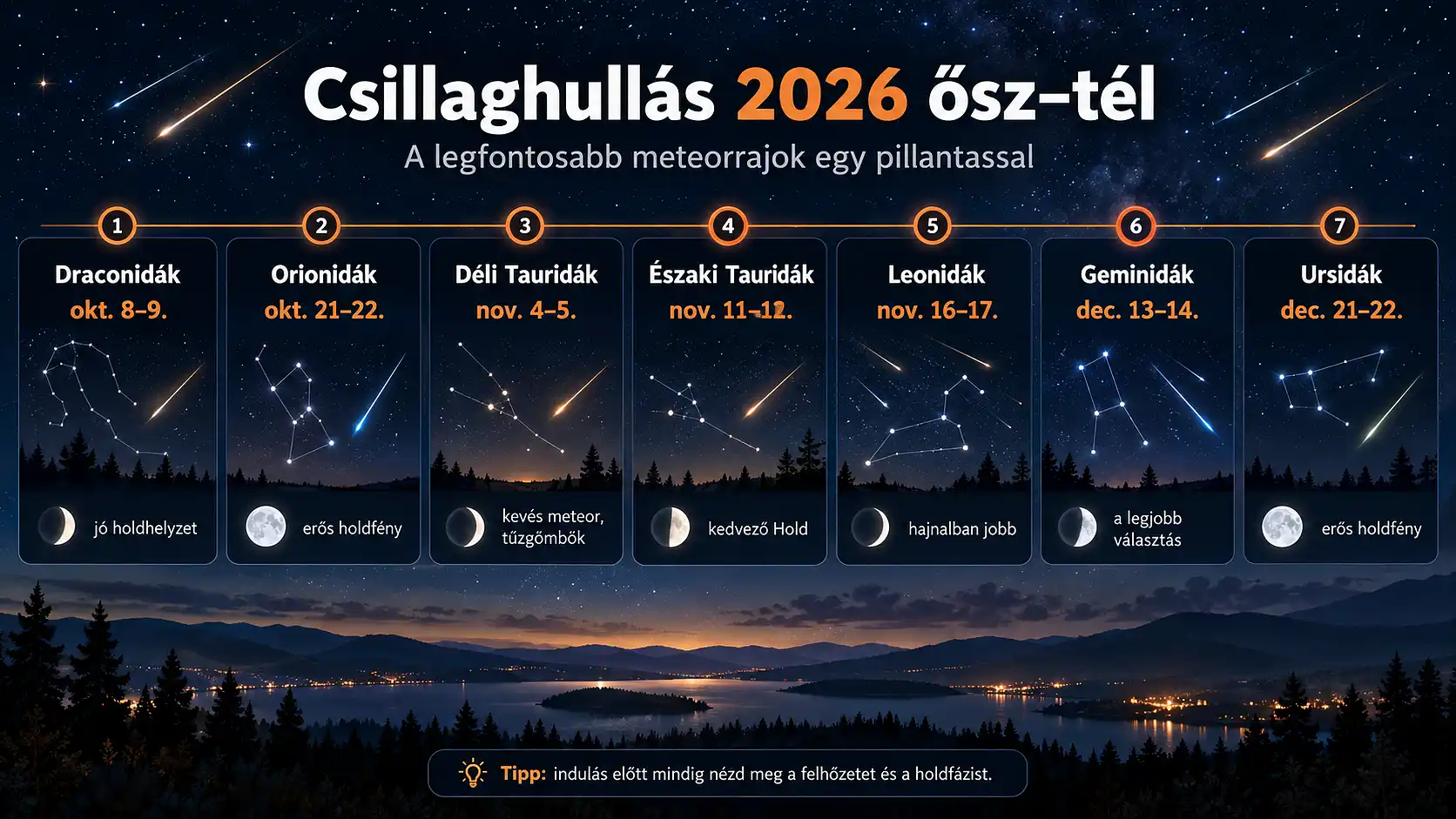 Infografika a 2026 őszi és téli meteorrajokról, a Draconidák, Orionidák, Tauridák, Leonidák, Geminidák és Ursidák fő időpontjaival. Csillaghullás 2026 őszén és télen – a legfontosabb meteorrajok időpontjai egy infografikán