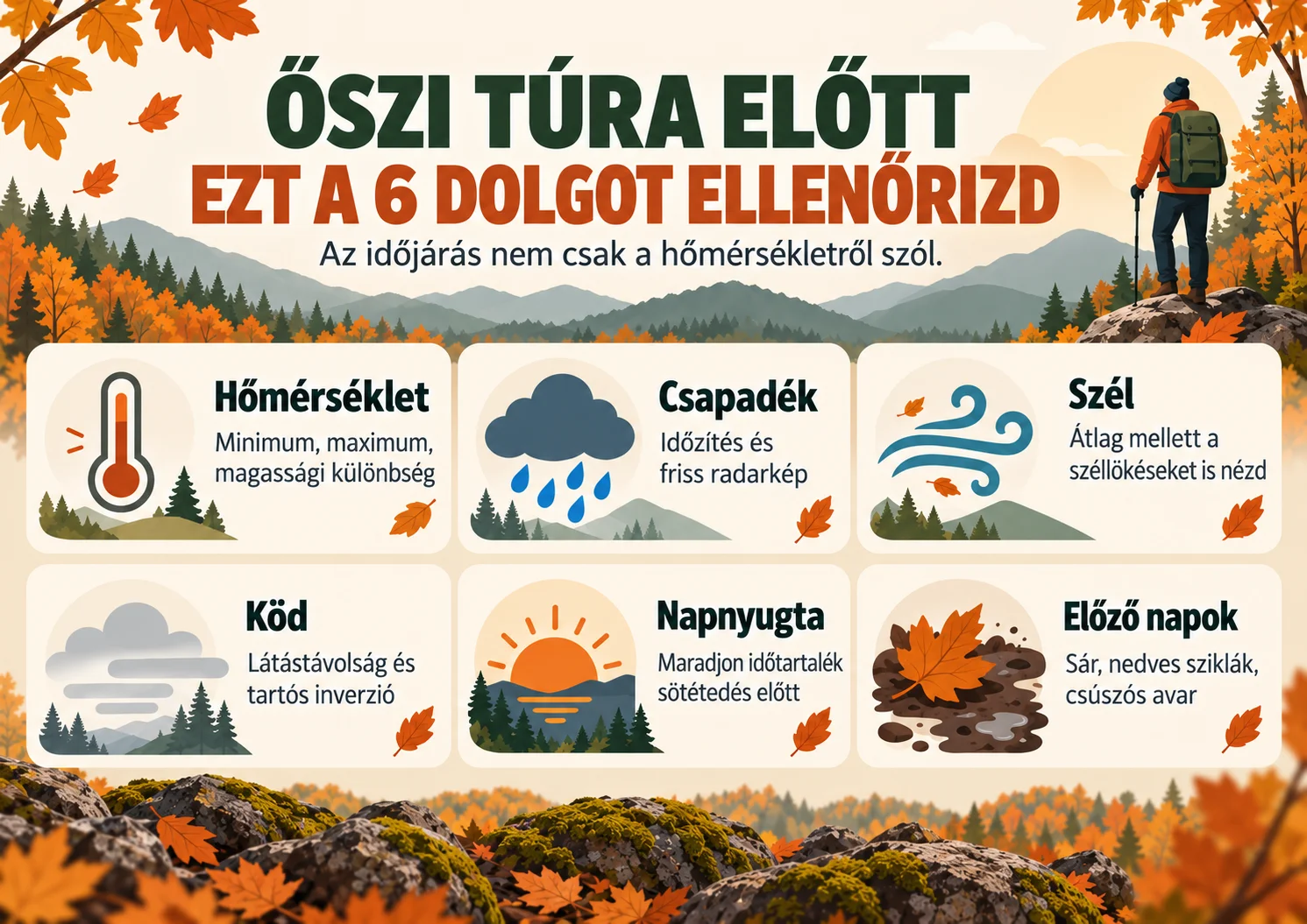 Infografika az őszi túra előtti legfontosabb időjárási ellenőrzésekről: hőmérséklet, csapadék, szél, köd, napnyugta és terepviszonyok. Őszi túra ellenőrzőlista hőmérséklettel, csapadékkal, széllel, köddel, napnyugtával és az előző napok időjárásával
