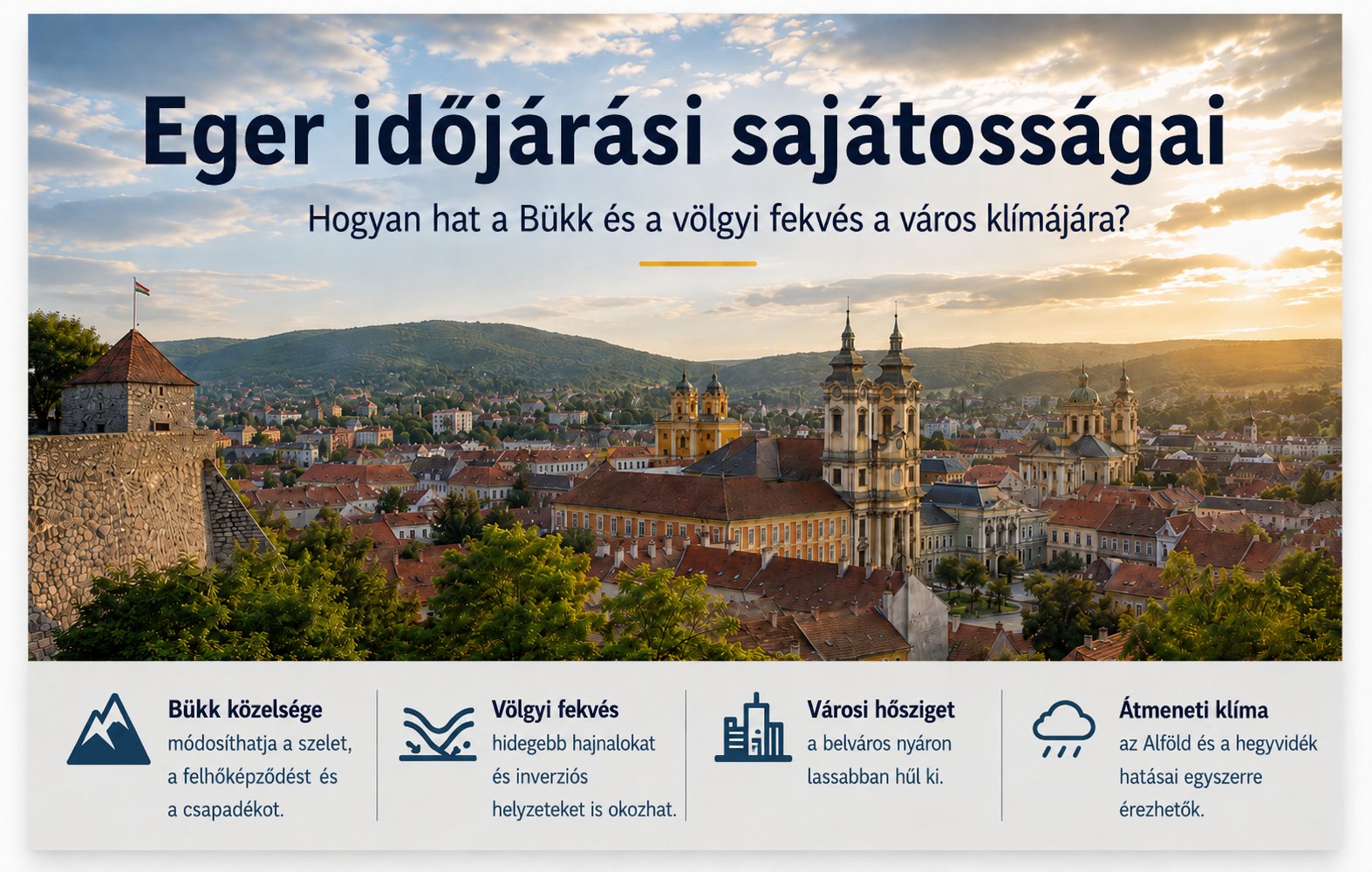 Infografika Eger időj&aacute;r&aacute;si saj&aacute;toss&aacute;gair&oacute;l, a B&uuml;kk, a v&ouml;lgyi fekv&eacute;s &eacute;s a v&aacute;rosi hősziget hat&aacute;s&aacute;r&oacute;l
