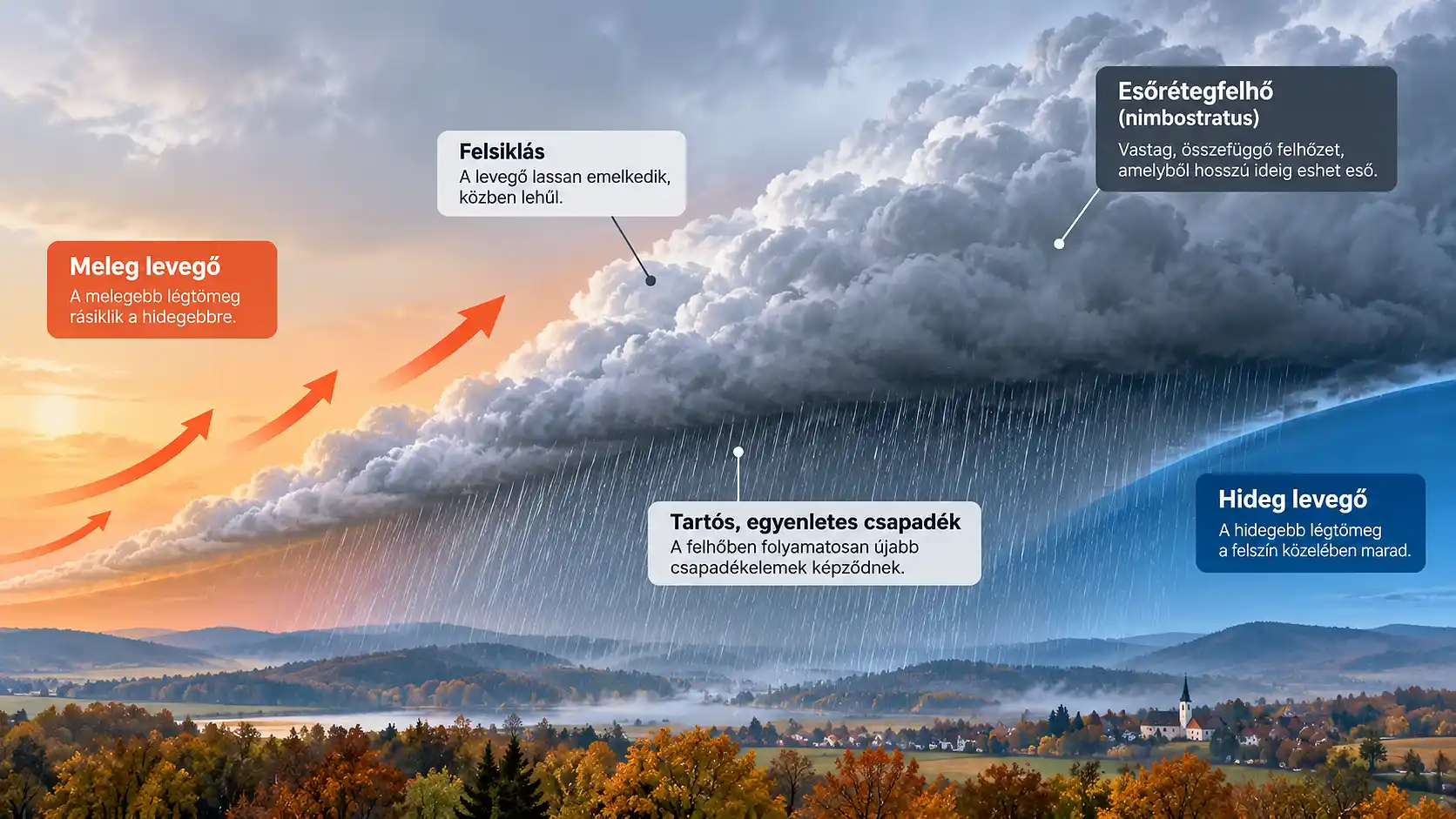 Magyar nyelvű időjárási infografika, amely bemutatja a melegfront működését, a meleg levegő felsiklását, az esőrétegfelhő kialakulását és a tartós, egyenletes eső keletkezését. Melegfront kialakulása: a meleg levegő felsiklik a hideg levegő fölé, esőrétegfelhő és tartós csapadék képződik.