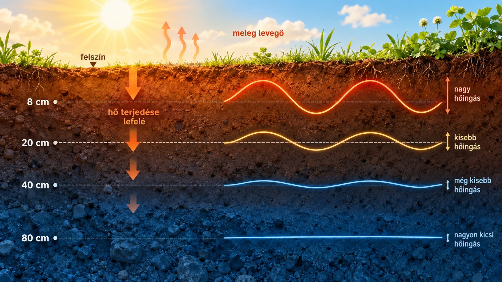 Infografika a talajhőmérséklet napi ingadozásáról: a felszín közelében nagy, mélyebben egyre kisebb a hőmérséklet-változás. Talajhőmérséklet ingadozása 8, 20, 40 és 80 centiméteres mélységben