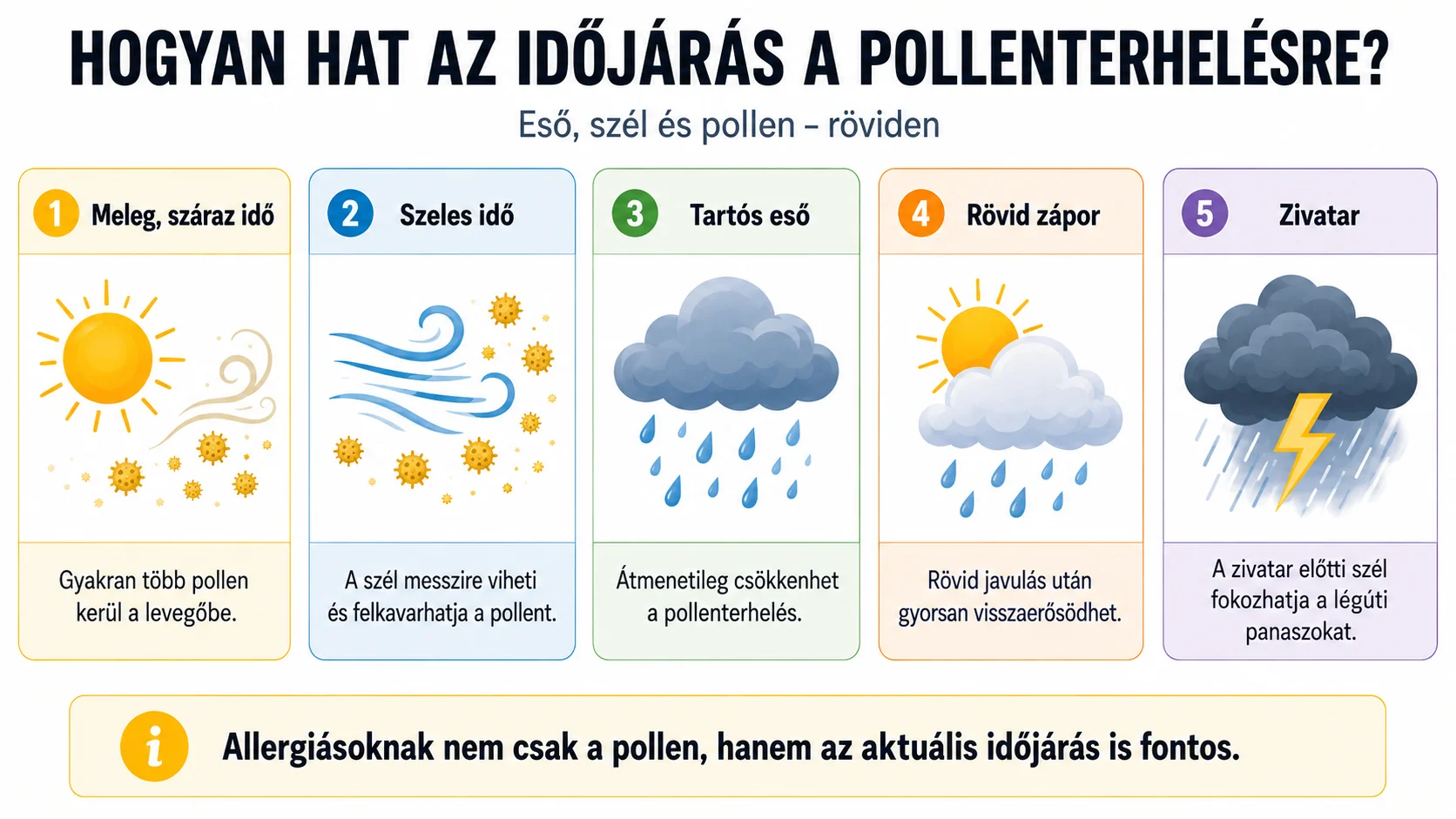 Infografika a meleg, a sz&eacute;l, az eső, a z&aacute;por &eacute;s a zivatar pollenterhel&eacute;sre gyakorolt hat&aacute;s&aacute;r&oacute;l