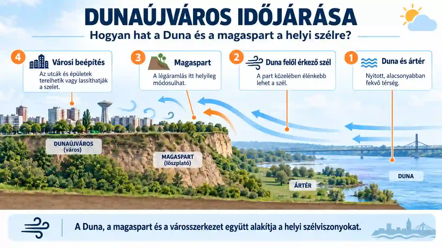 Infografika Duna&uacute;jv&aacute;ros időj&aacute;r&aacute;si saj&aacute;toss&aacute;gair&oacute;l, a Duna, az &aacute;rt&eacute;r, a magaspart &eacute;s a v&aacute;rosi be&eacute;p&iacute;t&eacute;s sz&eacute;lalak&iacute;t&oacute; hat&aacute;s&aacute;r&oacute;l