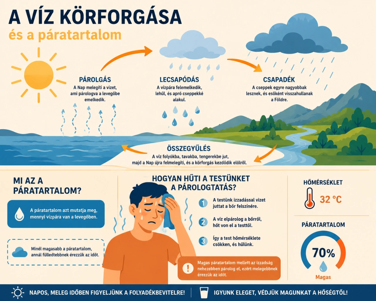 Magyar nyelvű infografika a v&iacute;z k&ouml;rforg&aacute;s&aacute;r&oacute;l, a p&aacute;ratartalomr&oacute;l &eacute;s az izzad&aacute;s hűtő hat&aacute;s&aacute;r&oacute;l.