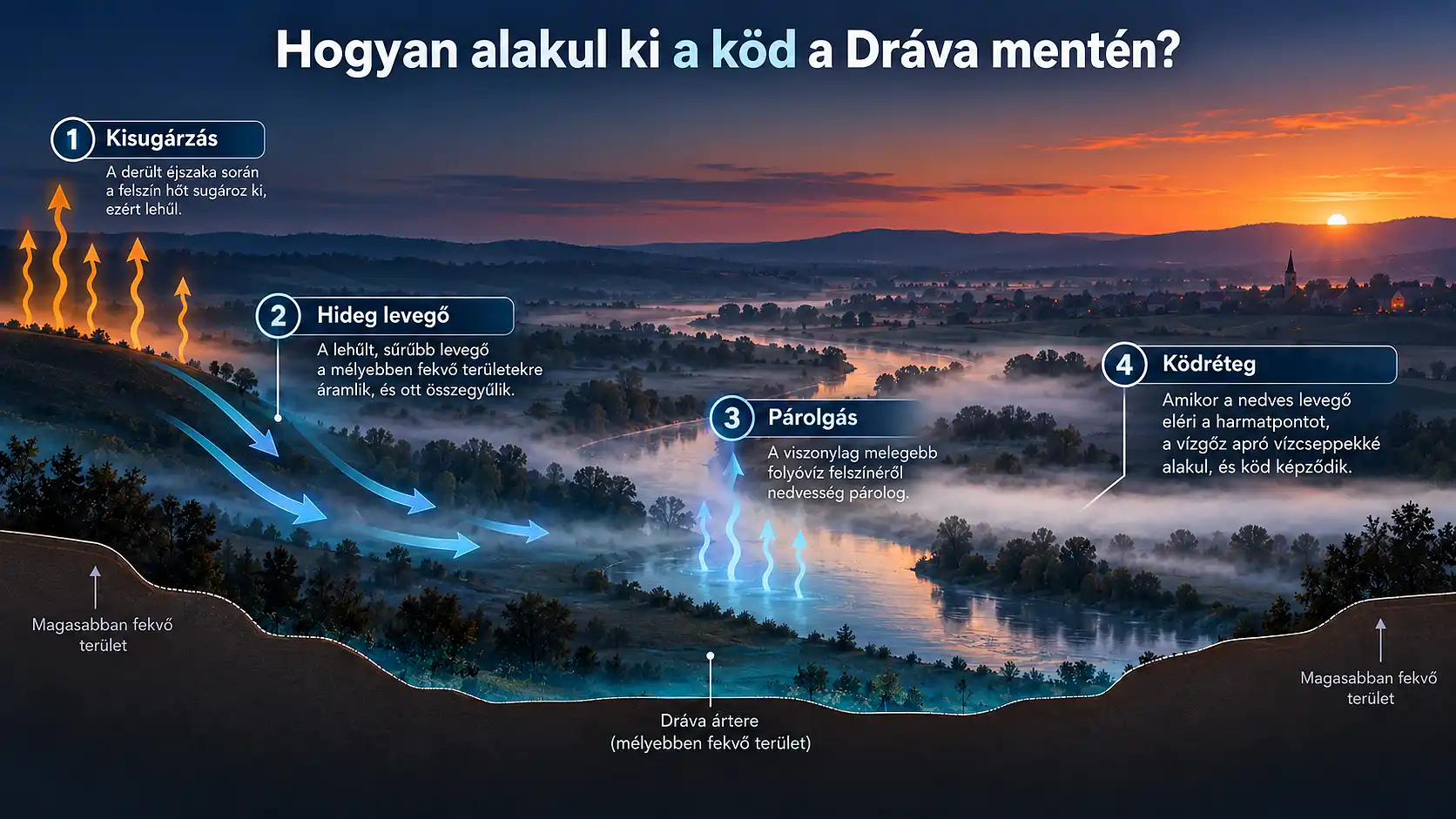 Meteorológiai infografika, amely négy lépésben mutatja be a köd kialakulását a Dráva mentén. Szemlélteti az éjszakai kisugárzást, a hideg levegő felhalmozódását, a folyó párolgását és a ködréteg kialakulását. Infografika a Dráva menti köd kialakulásáról: kisugárzás, hideg levegő, párolgás és ködréteg.