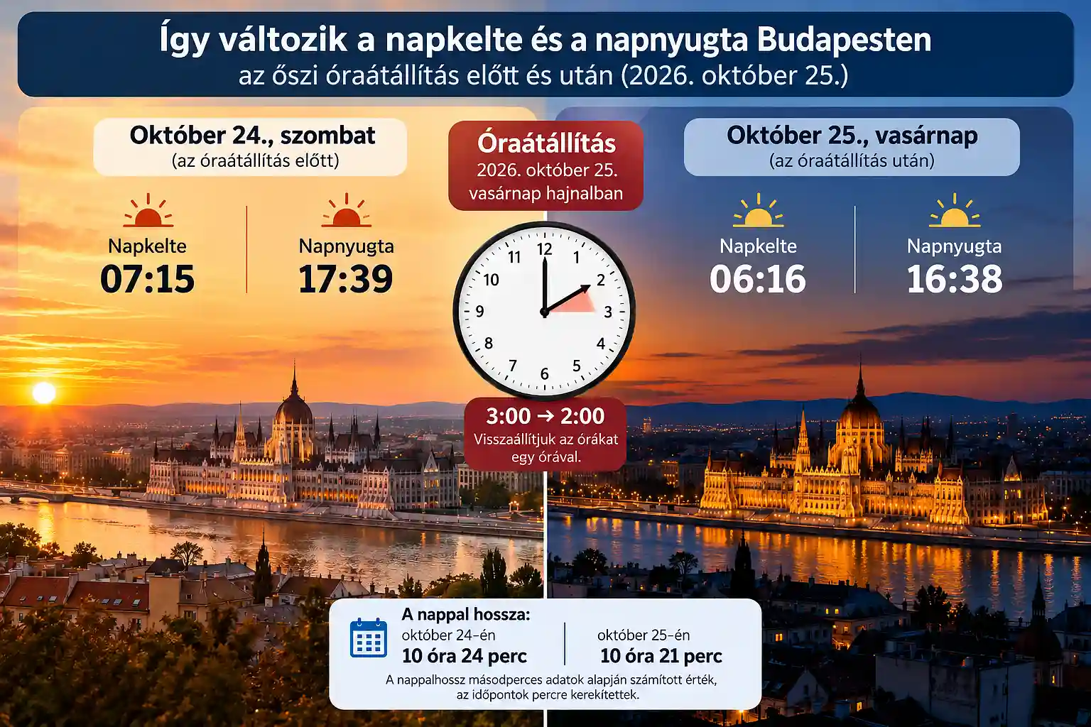 Infografika a 2026-os őszi óraátállítás hatásáról Budapesten. Október 24-én 07:15-kor kel és 17:39-kor nyugszik a Nap, míg október 25-én 06:16-kor és 16:38-kor. A nappal tényleges hossza csak körülbelül három perccel csökken. Óraátállítás 2026 őszén Budapesten: a napkelte és napnyugta időpontjainak összehasonlítása október 24-én és 25-én.