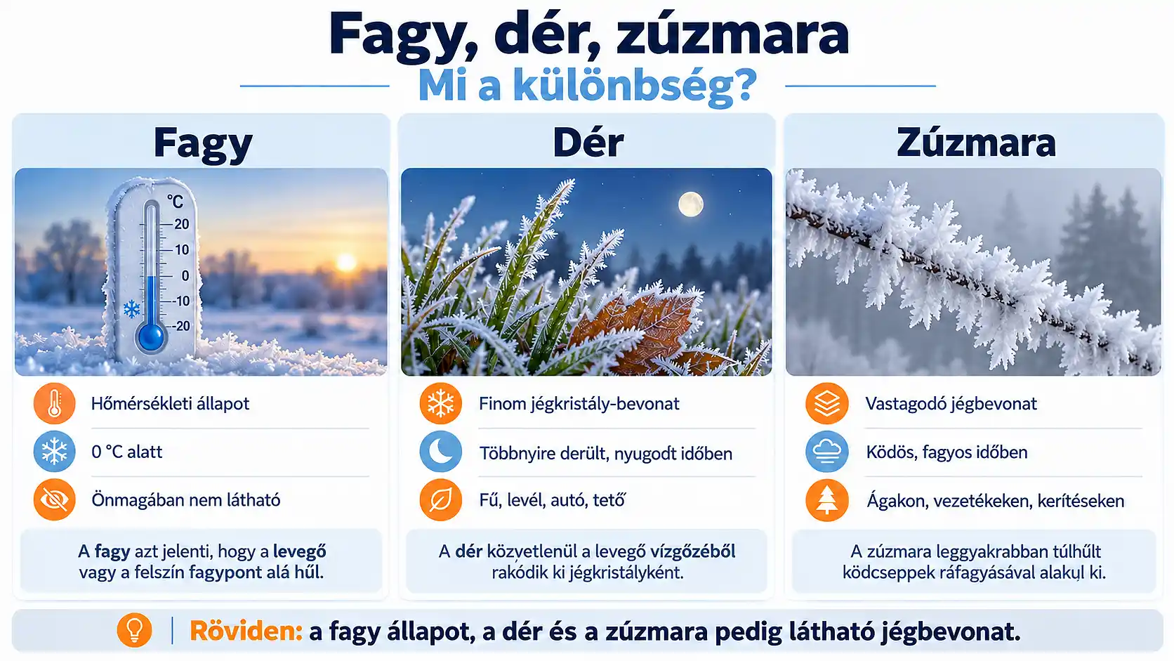 Háromrészes meteorológiai infografika, amely bemutatja a fagy, a dér és a zúzmara jelentését, kialakulásának körülményeit és legfontosabb különbségeit. A fagy, a dér és a zúzmara közötti különbségek, kialakulásuk és jellemzőik összehasonlító infografikán.