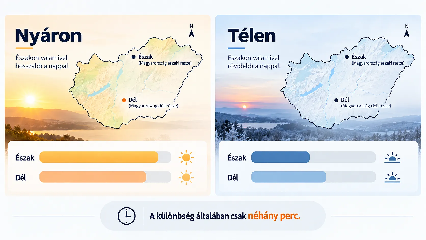 y&aacute;ri &eacute;s t&eacute;li nappalhossz k&uuml;l&ouml;nbs&eacute;ge Magyarorsz&aacute;g &eacute;szaki &eacute;s d&eacute;li r&eacute;sze k&ouml;z&ouml;tt