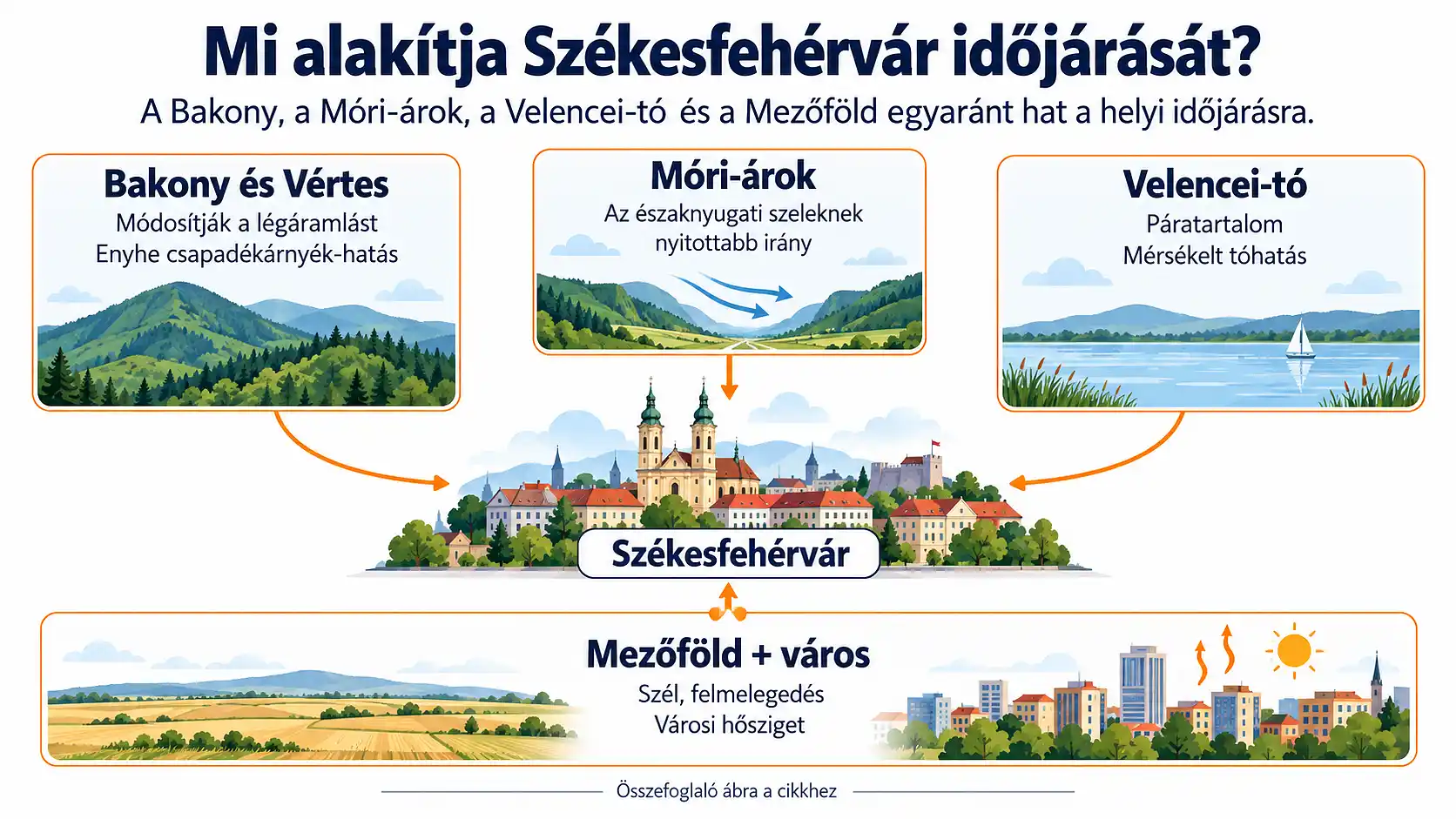 Infografika Székesfehérvár helyi időjárását alakító fő tényezőkről: a Bakony és a Vértes légáramlásra gyakorolt hatásáról, a Móri-árokról, a Velencei-tó mérsékelt hatásáról, valamint a Mezőföld és a városi hősziget szerepéről. Infografika Székesfehérvár időjárásáról, a Bakony, a Vértes, a Móri-árok, a Velencei-tó és a Mezőföld hatásairól