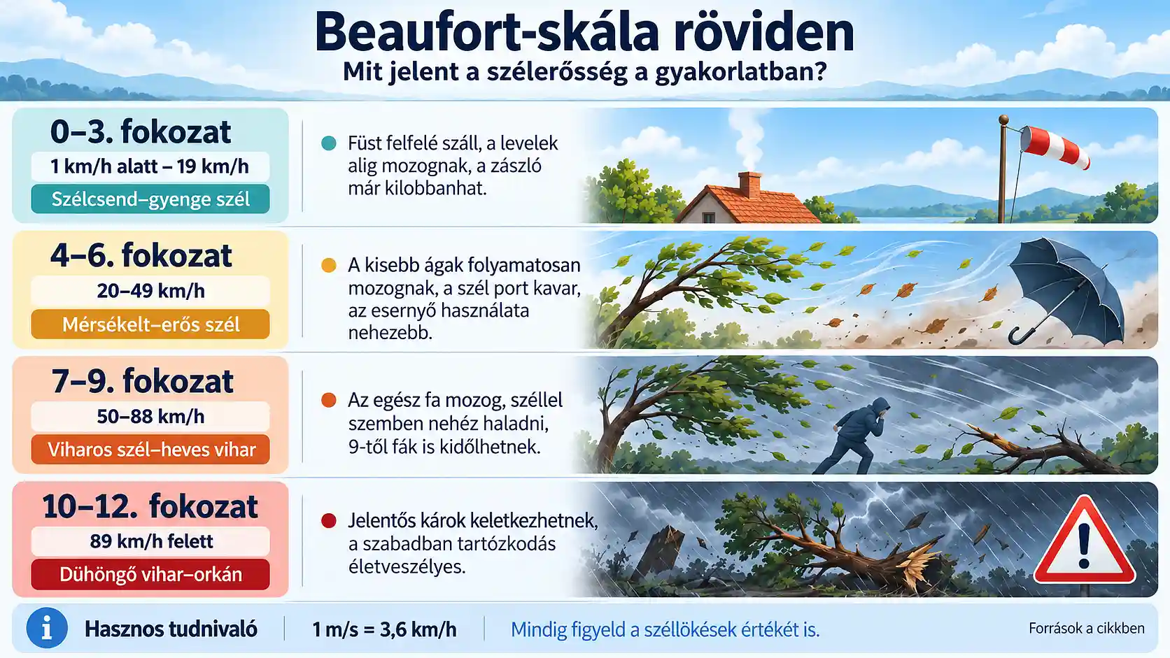 A Beaufort-skála 0–12 fokozatát bemutató infografika. Szélcsendtől az orkánig szemlélteti a szélerősséget, a km/h értékeket és a szél természetben megfigyelhető hatásait. Beaufort-skála infografika a szélerősség 0–12 fokozatáról, a szélsebesség km/h értékeivel és a szél gyakorlati hatásaival.
