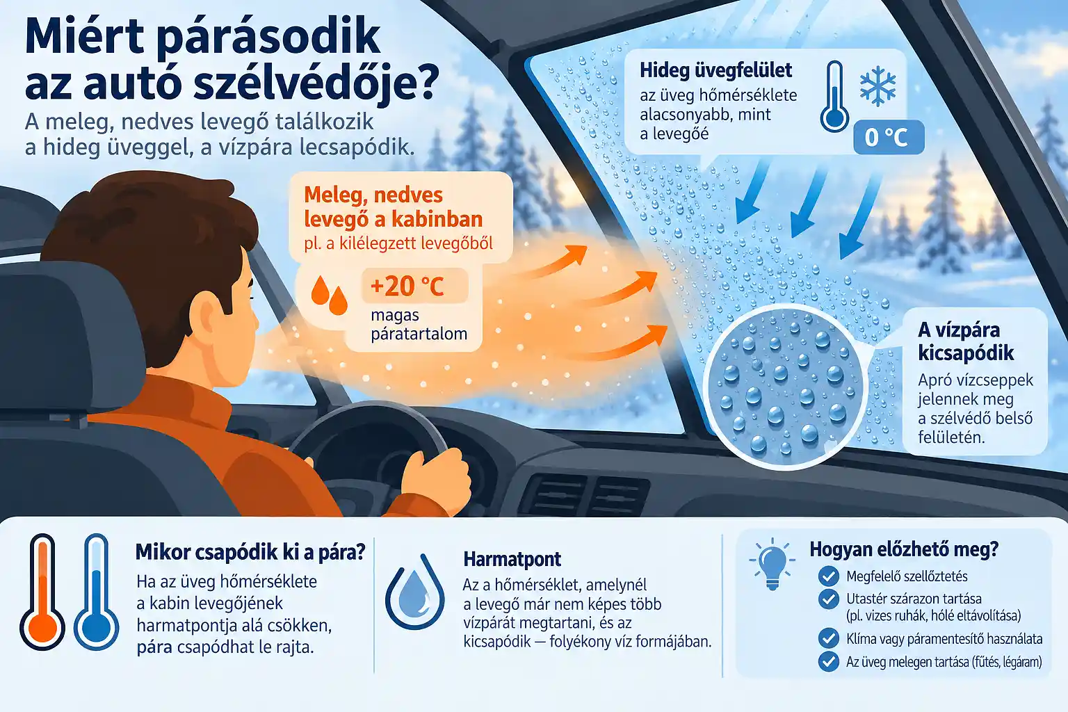 Ábra az autó szélvédőjének bepárásodásáról, a hőmérséklet-különbség, a harmatpont és a páralecsapódás bemutatásával. Infografika az autó szélvédőjének belső párásodásáról: meleg, nedves utastéri levegő és hideg üvegfelület.