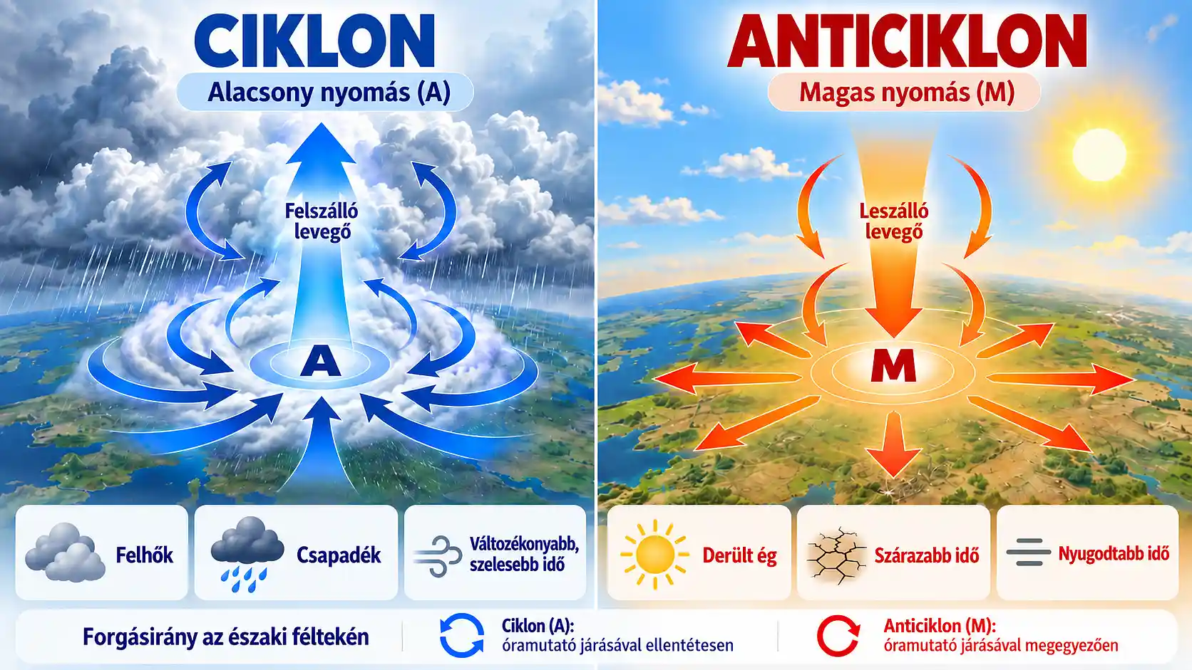 Magyar nyelvű infografika a ciklon és anticiklon közötti különbségekről. Bemutatja a légnyomást, a légáramlás és a forgás irányát, valamint a jellemző időjárási hatásokat. Ciklon és anticiklon összehasonlítása: légnyomás, felszálló és leszálló levegő, forgásirány és jellemző időjárás.
