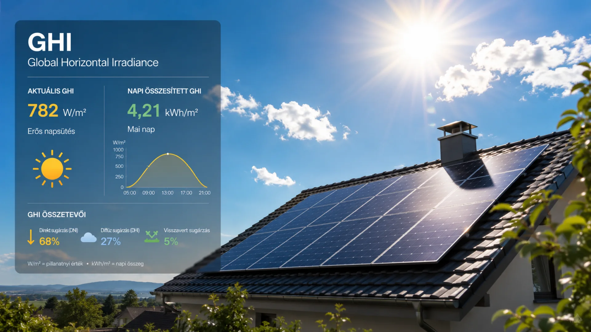 Napelemes tető erős napsütésben GHI adatokkal és napenergia-besugárzás grafikonokkal