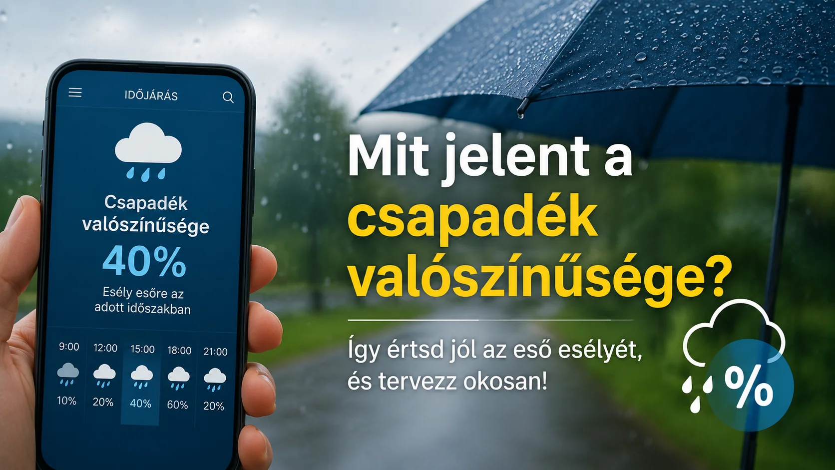 Okostelefon időjárás-előrejelzéssel, esernyővel és esős háttérrel, amely a csapadék valószínűségét mutatja be.