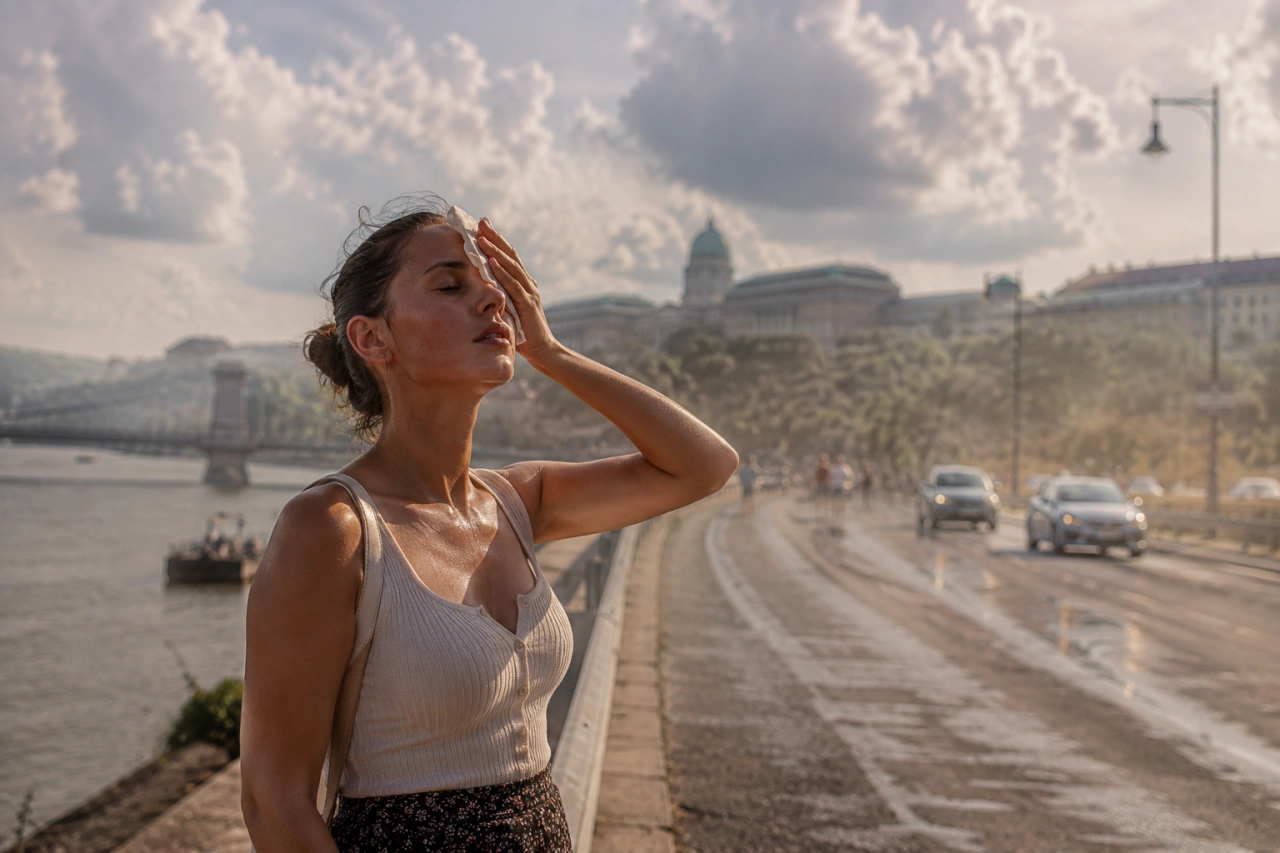 Nő törli az izzadságot a homlokáról a párás nyári hőségben Budapest Duna-partján.