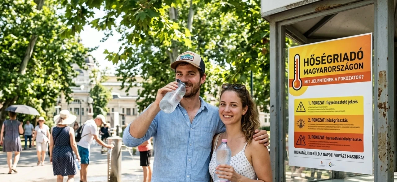 Két ember vizet iszik egy parkban a hőségriadóról szóló információs stand mellett, amelyen a három fokozat: figyelmeztető jelzés, hőségriasztás, harmadfokú hőségriasztás szerepel.