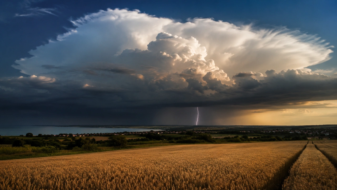 Hatalmas üllő alakú cumulonimbus zivatarfelhő villámlással a Balaton környéki búzamezők felett.