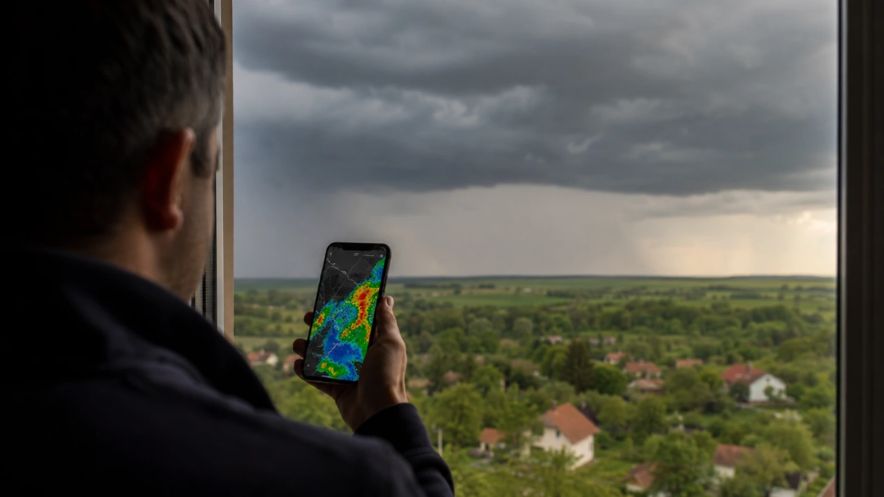 Ember esőradar alkalmazást néz okostelefonon az ablaknál, miközben viharfelhők közelednek a magyar táj fölött.