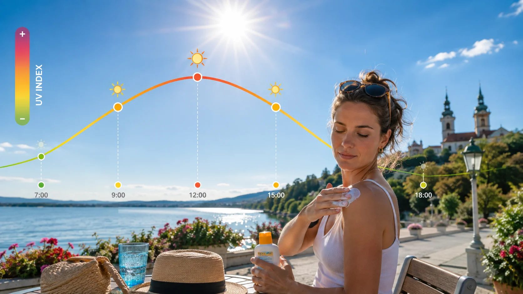 Infografika az UV-index óránkénti változásáról és az azt befolyásoló tényezőkről