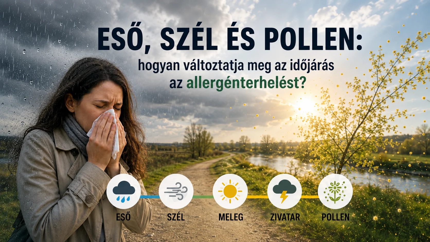 Allergiás nő esős és napos időben, az eső, a szél, a meleg, a zivatar és a pollen hatását bemutató grafikával