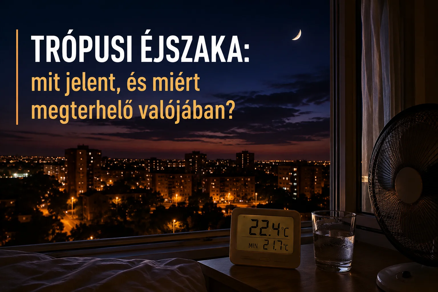 Trópusi éjszaka hero kép meleg városi éjszakával, nyitott ablakkal, ventilátorral és 22,4 °C-os hőmérővel