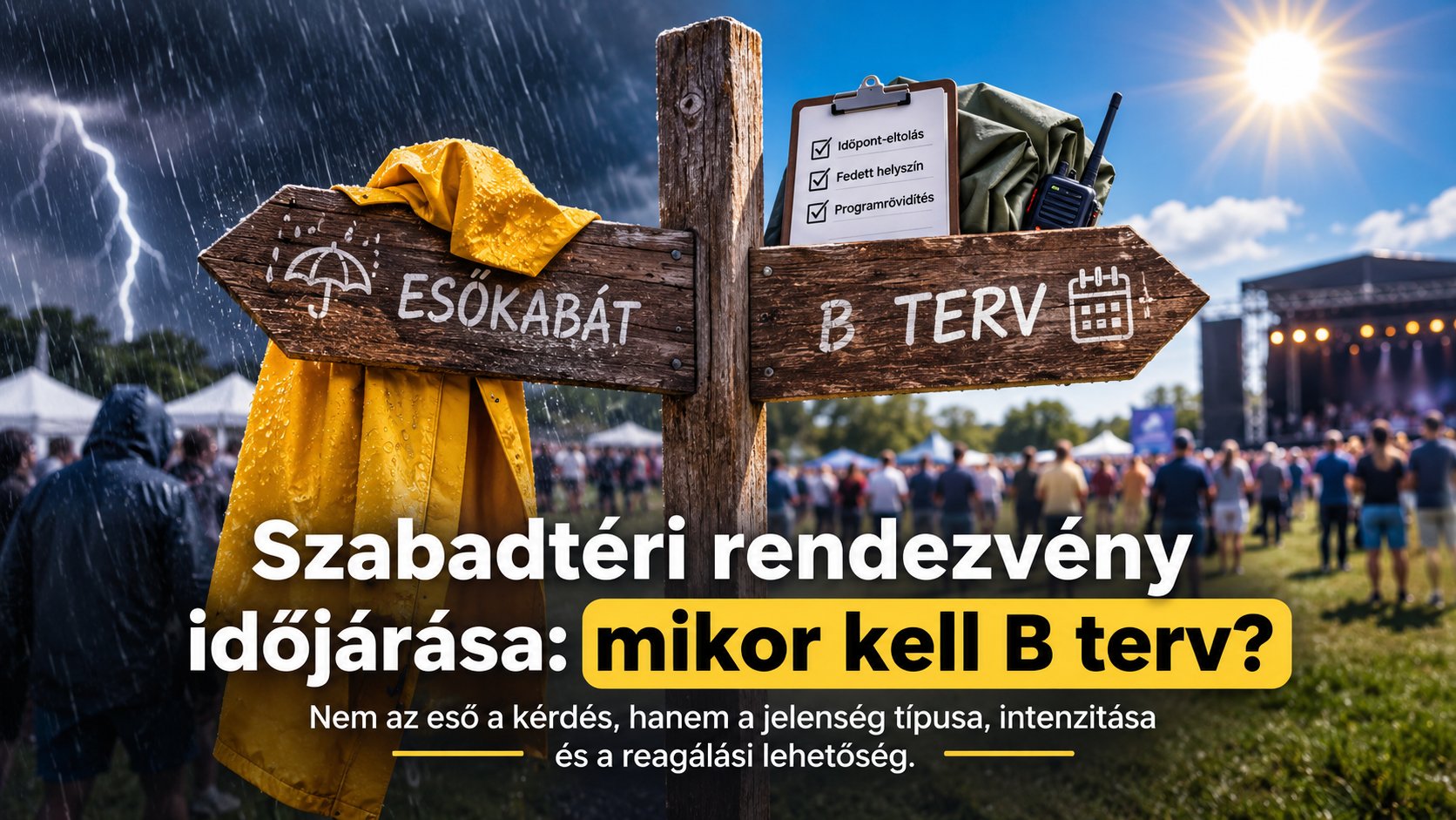 Szabadtéri rendezvény időjárási kockázatokkal, esőkabát és B terv választási lehetőséggel