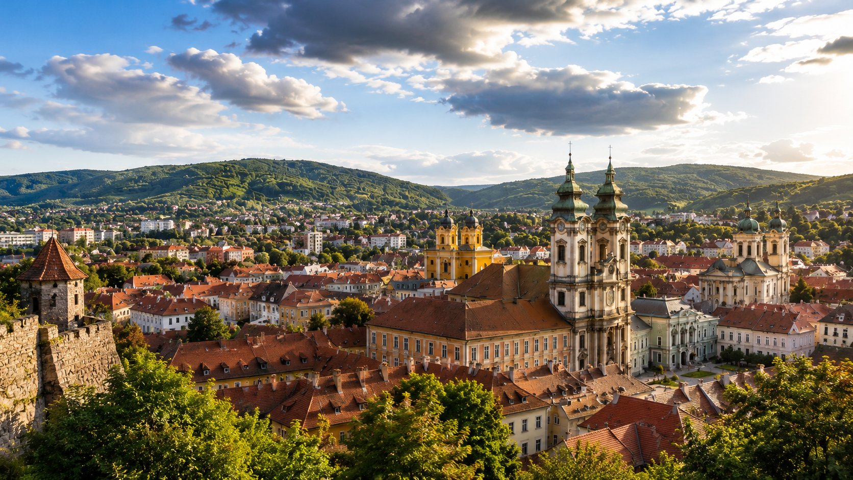 Eger panorámája a Bükk előterében, történelmi belvárossal és környező dombokkal