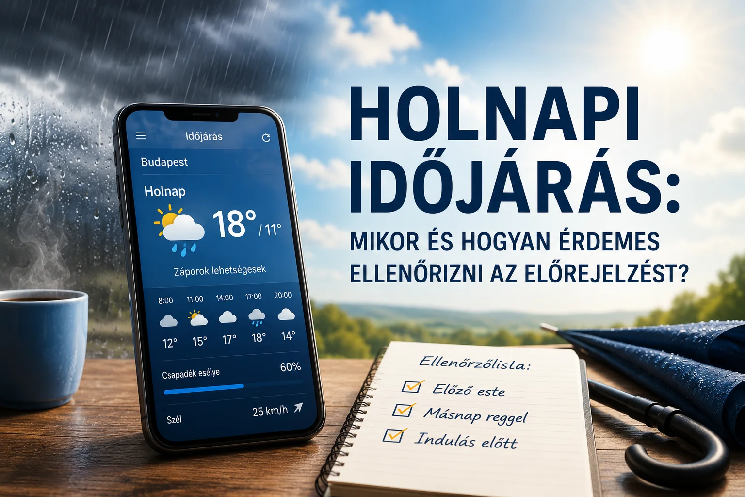 Holnapi időjárás ellenőrzése telefonos előrejelzéssel, radarral és időjárási rutinnal