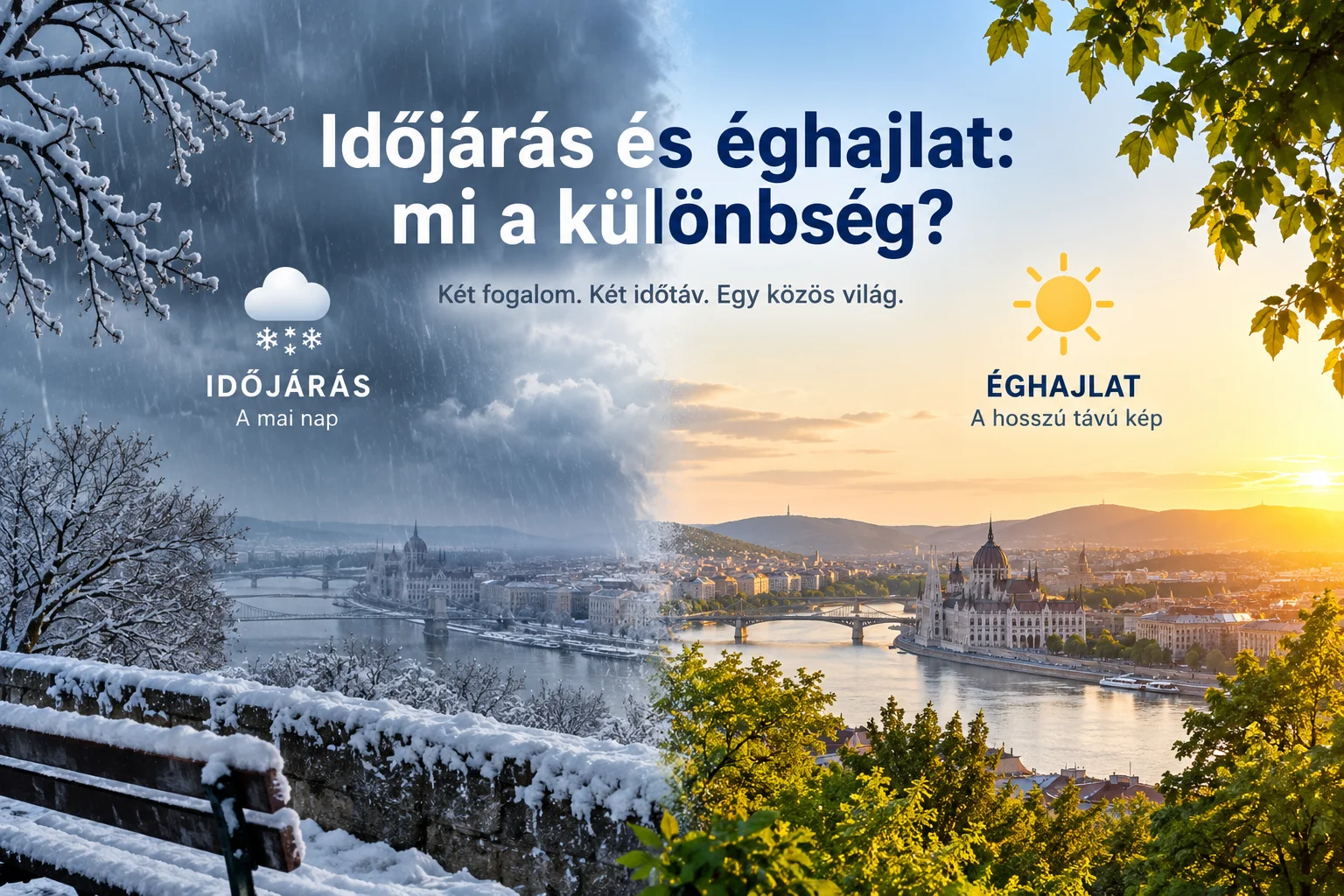 Időjárás és éghajlat közötti különbség havas és napos budapesti tájjal szemléltetve