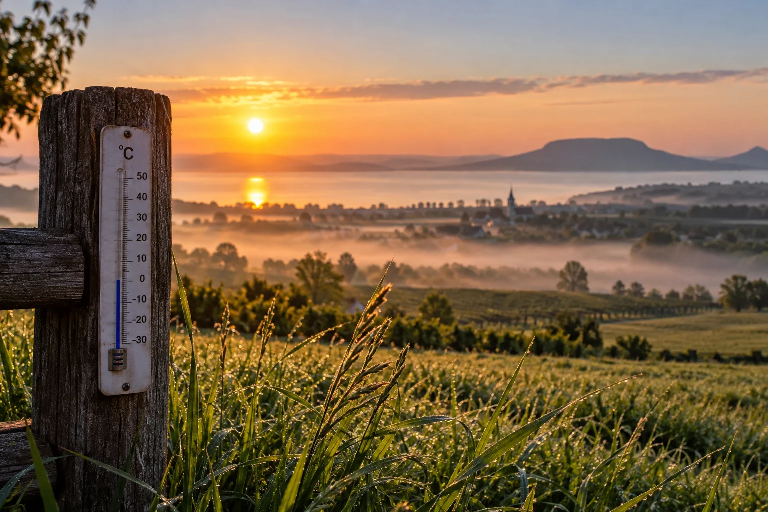 Napi hőmérsékleti minimum napkelte körül egy hajnali tájban hőmérővel
