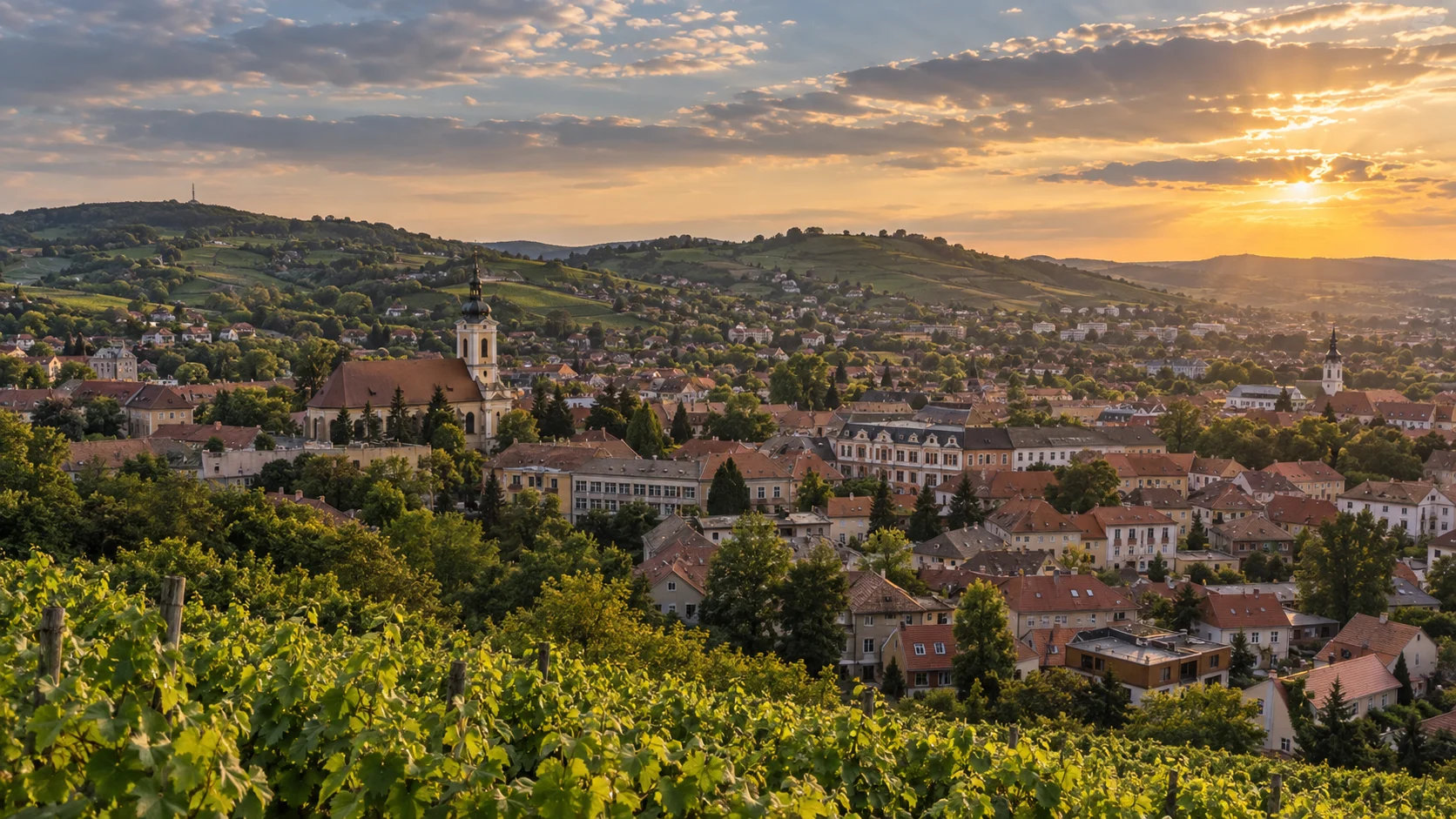 Szekszárd panorámája a környező dombokkal és szőlőültetvényekkel