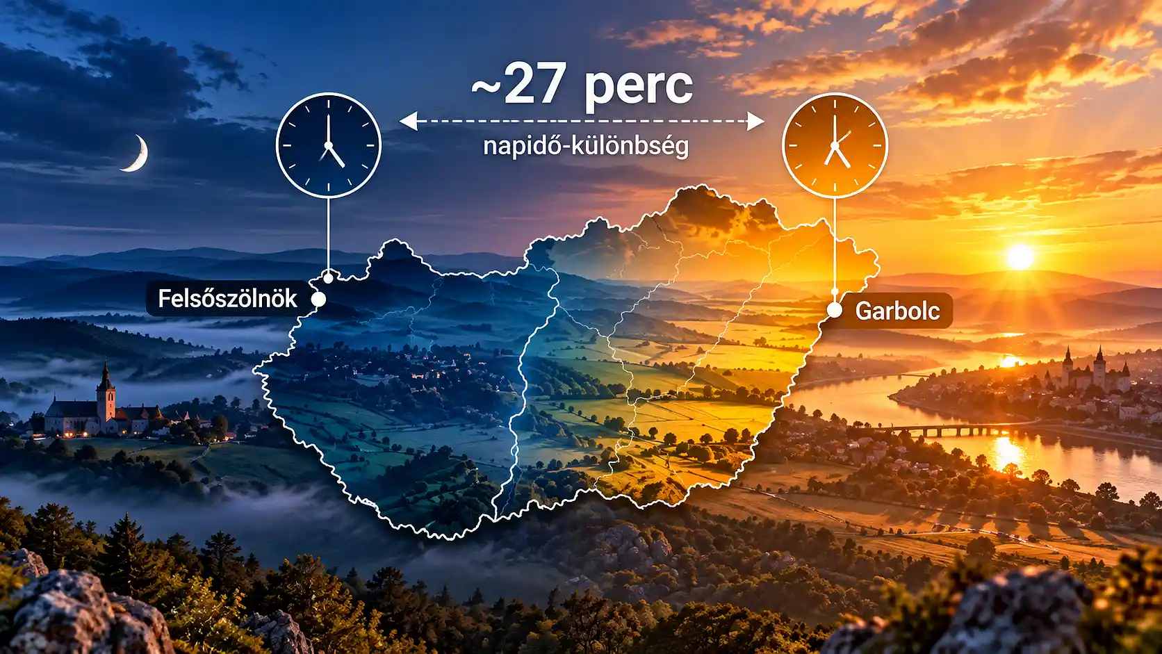 Napkelte időbeli különbsége Magyarország keleti és nyugati része között