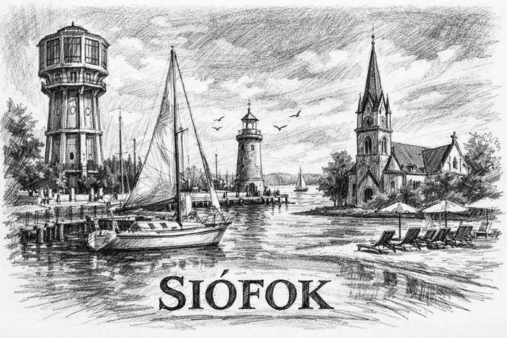 Siófok időjárás, művészi szénrajz, siófoki kikötő, vitorláshajó, víztorony